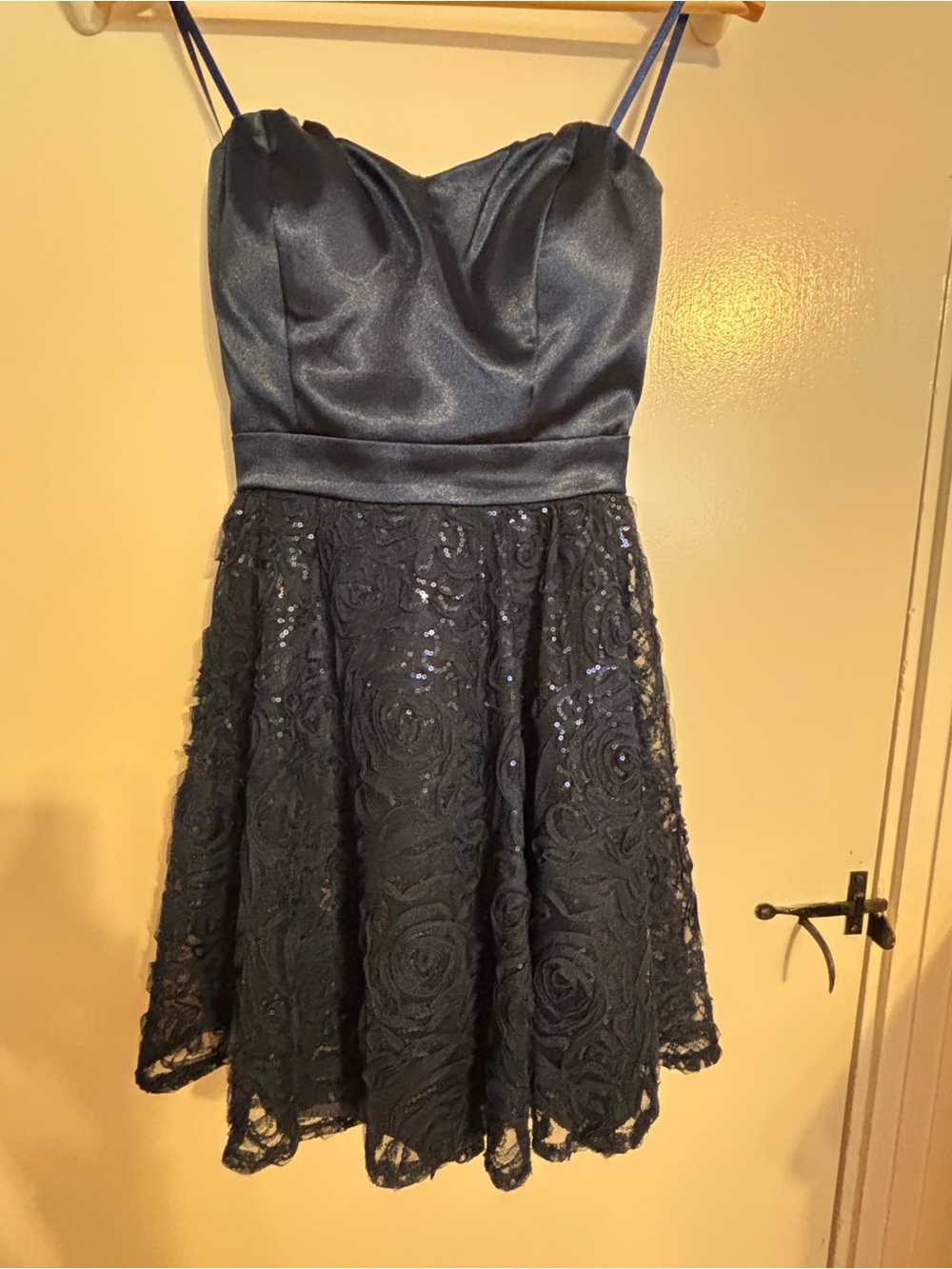 Lily Rose Navy Satin Bodice & Lace Sequin Mini Dress